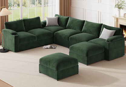Modular Sectional Sofa Couch for Living Room Velvet Couches Oversized U Shaped Convertible Sleeper Sofa Chaise Detachable Armrest Cushion Cup Holder (Chenille Green, 8 Seats) - HOMYHOMEY DIRECT