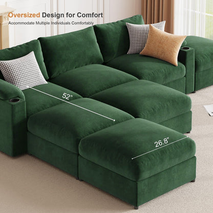Modular Sectional Sofa Couch for Living Room Velvet Couches Oversized U Shaped Convertible Sleeper Sofa Chaise Detachable Armrest Cushion Cup Holder (Chenille Green, 8 Seats) - HOMYHOMEY DIRECT