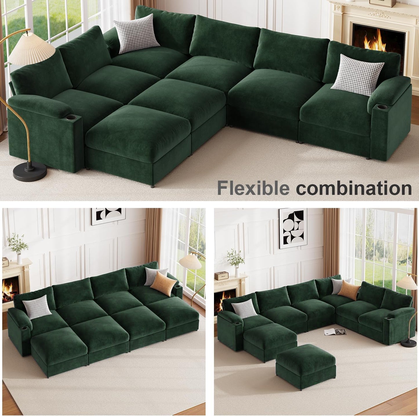 Modular Sectional Sofa Couch for Living Room Velvet Couches Oversized U Shaped Convertible Sleeper Sofa Chaise Detachable Armrest Cushion Cup Holder (Chenille Green, 8 Seats) - HOMYHOMEY DIRECT