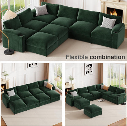 Modular Sectional Sofa Couch for Living Room Velvet Couches Oversized U Shaped Convertible Sleeper Sofa Chaise Detachable Armrest Cushion Cup Holder (Chenille Green, 8 Seats) - HOMYHOMEY DIRECT