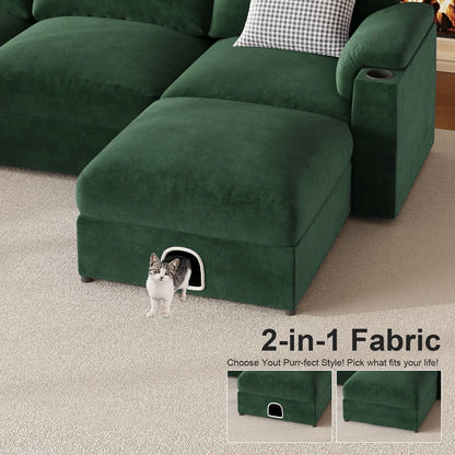 Modular Sectional Sofa Couch for Living Room Velvet Couches Oversized U Shaped Convertible Sleeper Sofa Chaise Detachable Armrest Cushion Cup Holder (Chenille Green, 8 Seats) - HOMYHOMEY DIRECT