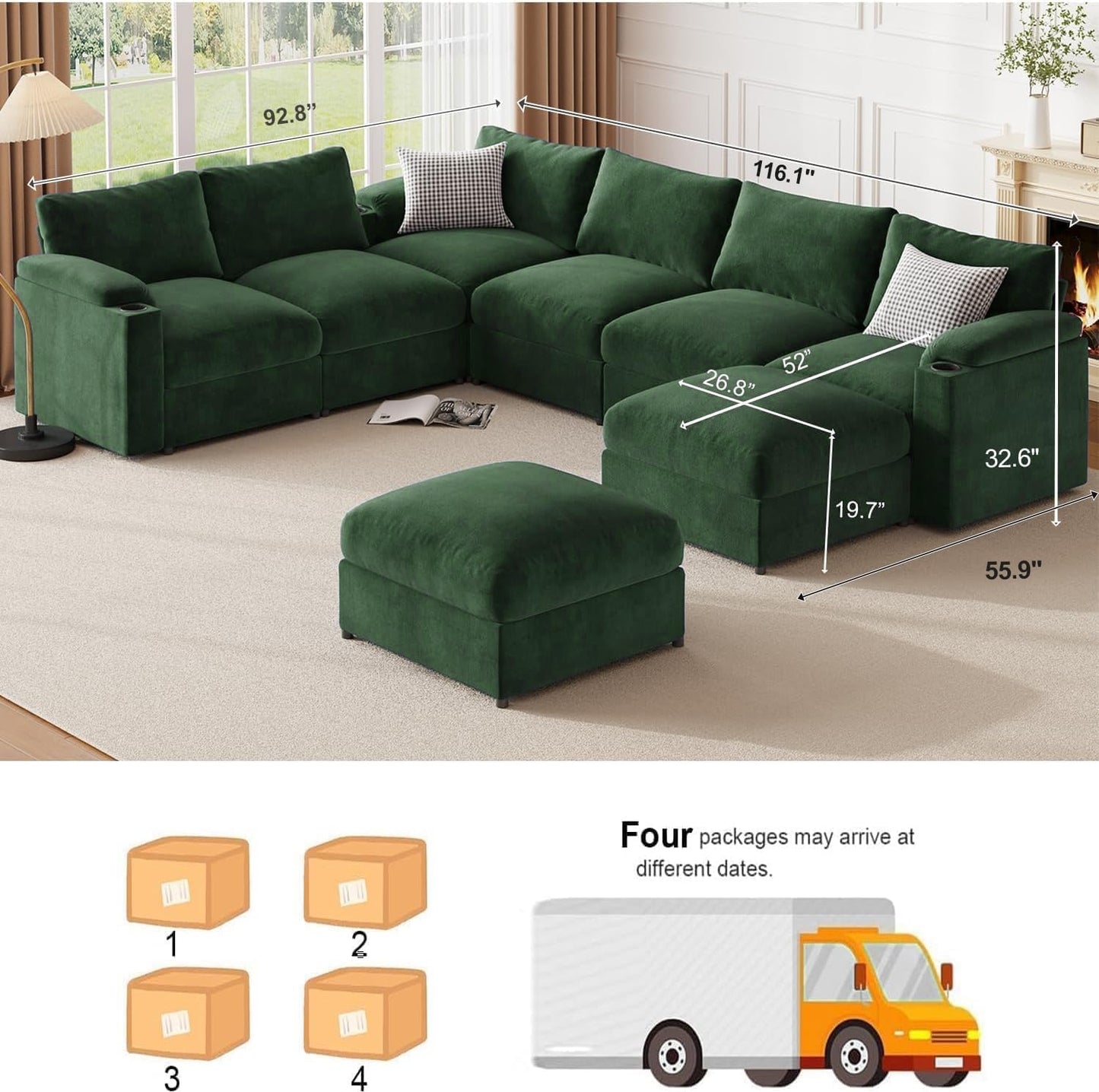 Modular Sectional Sofa Couch for Living Room Velvet Couches Oversized U Shaped Convertible Sleeper Sofa Chaise Detachable Armrest Cushion Cup Holder (Chenille Green, 8 Seats) - HOMYHOMEY DIRECT
