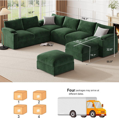 Modular Sectional Sofa Couch for Living Room Velvet Couches Oversized U Shaped Convertible Sleeper Sofa Chaise Detachable Armrest Cushion Cup Holder (Chenille Green, 8 Seats) - HOMYHOMEY DIRECT