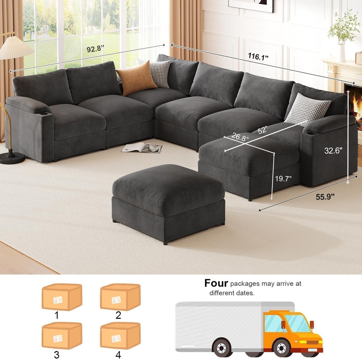 Modular Sectional Sofa Couch for Living Room Velvet Couches Oversized U Shaped Convertible Sleeper Sofa Chaise Detachable Armrest Cushion Cup Holder (Grey, 8 Seats) - HOMYHOMEY DIRECT