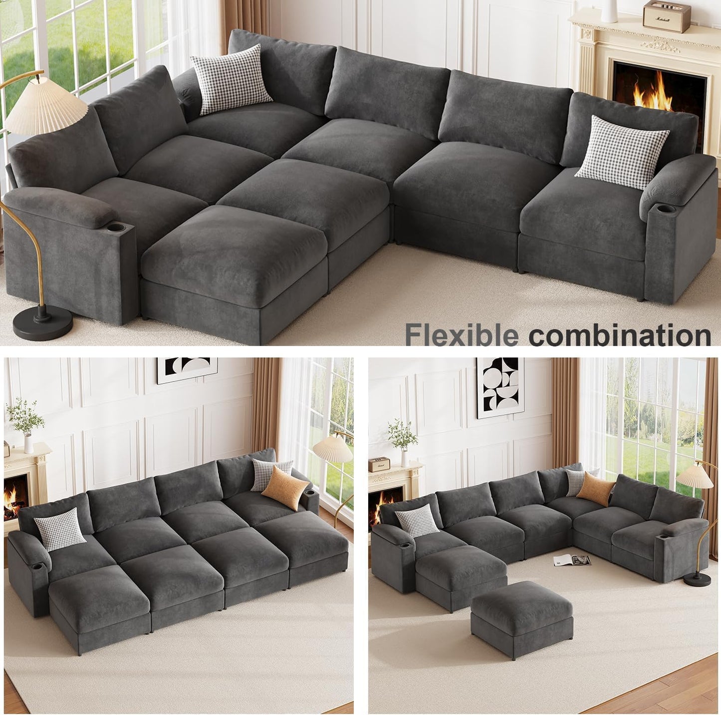 Modular Sectional Sofa Couch for Living Room Velvet Couches Oversized U Shaped Convertible Sleeper Sofa Chaise Detachable Armrest Cushion Cup Holder (Grey, 8 Seats) - HOMYHOMEY DIRECT