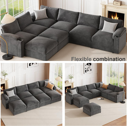 Modular Sectional Sofa Couch for Living Room Velvet Couches Oversized U Shaped Convertible Sleeper Sofa Chaise Detachable Armrest Cushion Cup Holder (Grey, 8 Seats) - HOMYHOMEY DIRECT
