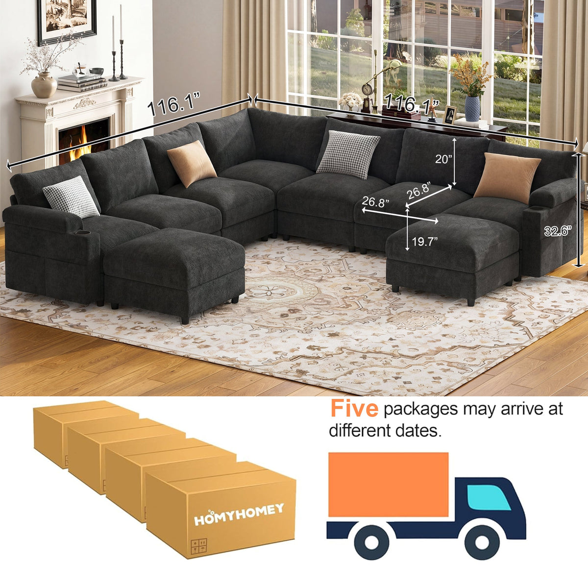 Modular Sectional Sofa,Modern Chenille U Shaped Cloud Couches with 2 Movable Ottoman,Deep Seat Sofa for Living Room, Apartment, Office,7 Seat,Gray - HOMYHOMEY DIRECT