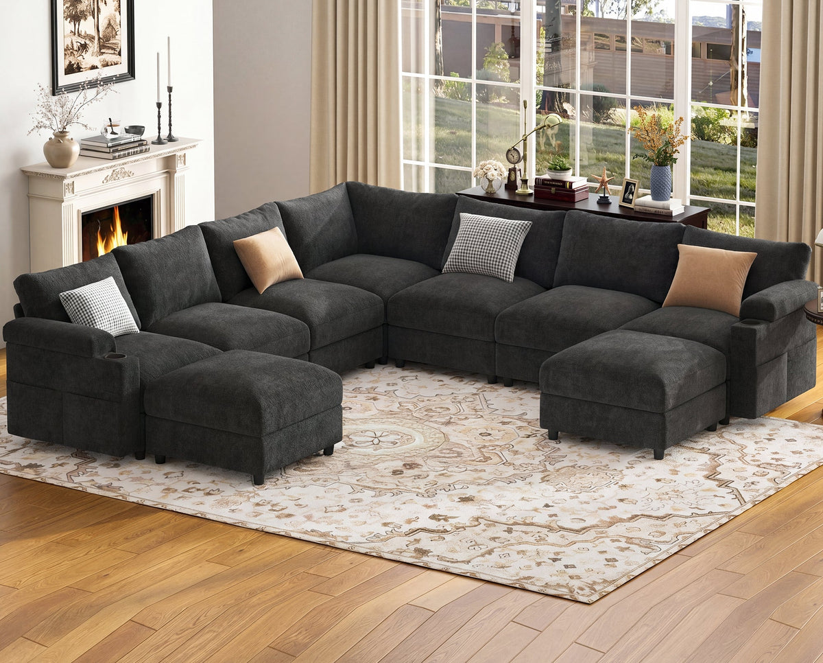 Modular Sectional Sofa,Modern Chenille U Shaped Cloud Couches with 2 Movable Ottoman,Deep Seat Sofa for Living Room, Apartment, Office,7 Seat,Gray - HOMYHOMEY DIRECT