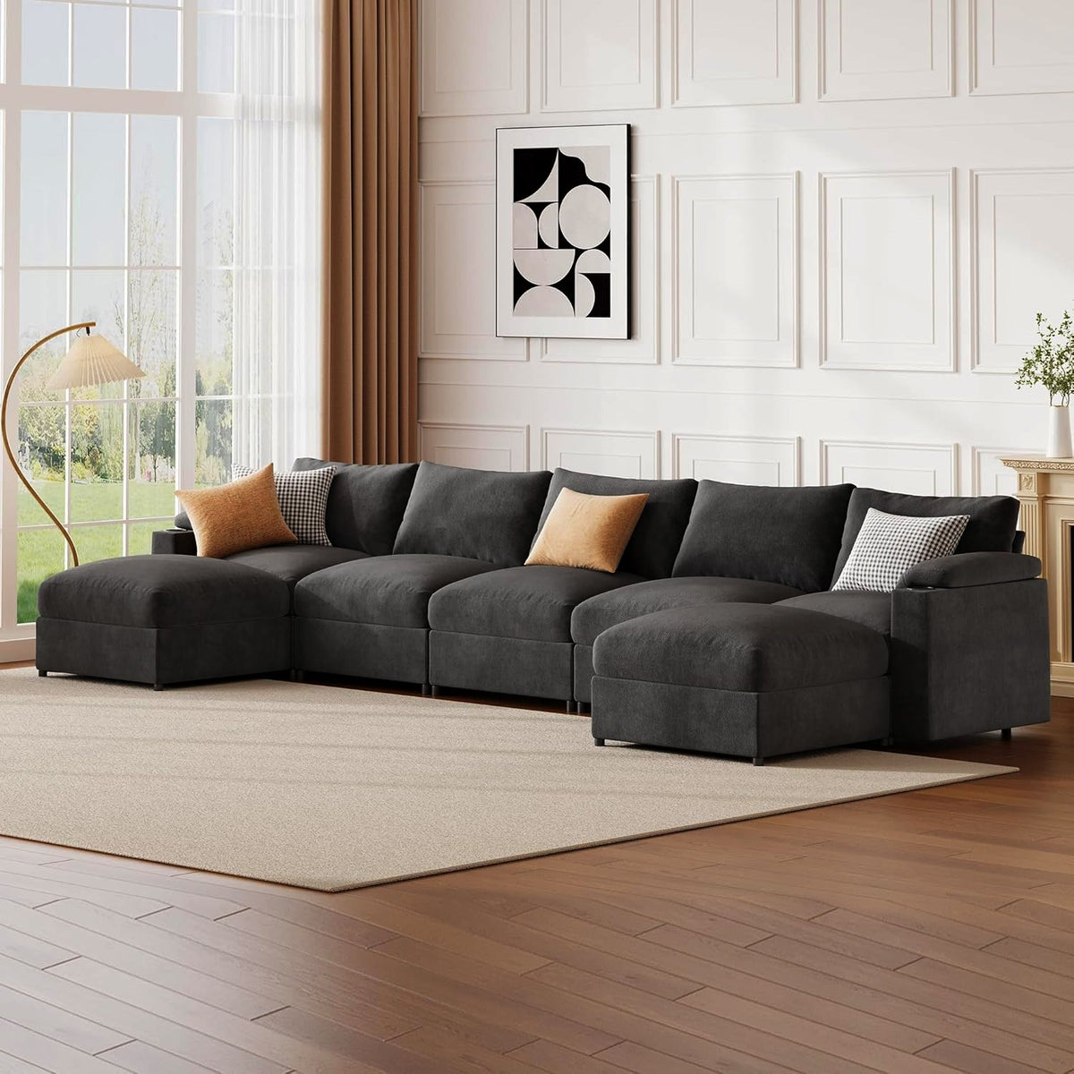 Oversized Modular Sectional Sofa,U Shape 4-Seat Cloud Couch with 2 Moveable Ottomans,Comfy Chenille Deep Seat Sofa for Living Room, Apartment,Gray - HOMYHOMEY DIRECT