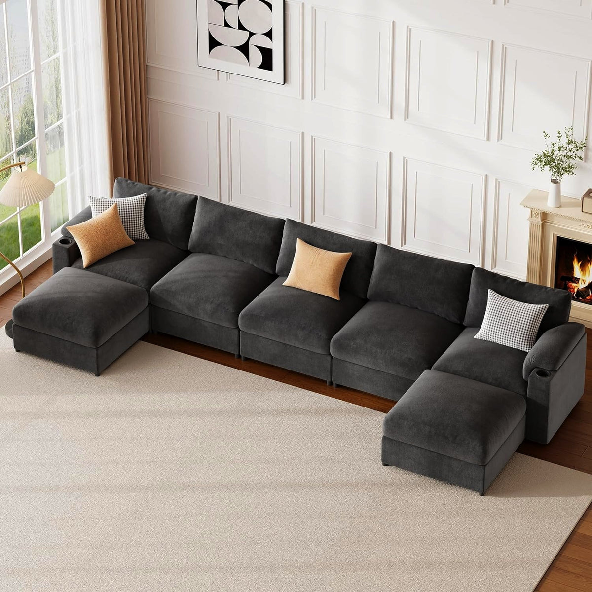 Oversized Modular Sectional Sofa,U Shape 4-Seat Cloud Couch with 2 Moveable Ottomans,Comfy Chenille Deep Seat Sofa for Living Room, Apartment,Gray - HOMYHOMEY DIRECT