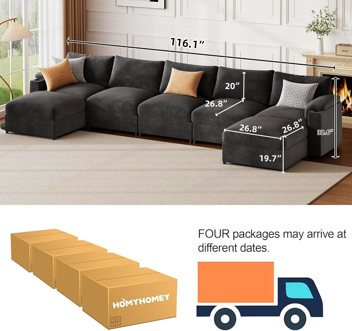 Oversized Modular Sectional Sofa,U Shape 4-Seat Cloud Couch with 2 Moveable Ottomans,Comfy Chenille Deep Seat Sofa for Living Room, Apartment,Gray - HOMYHOMEY DIRECT