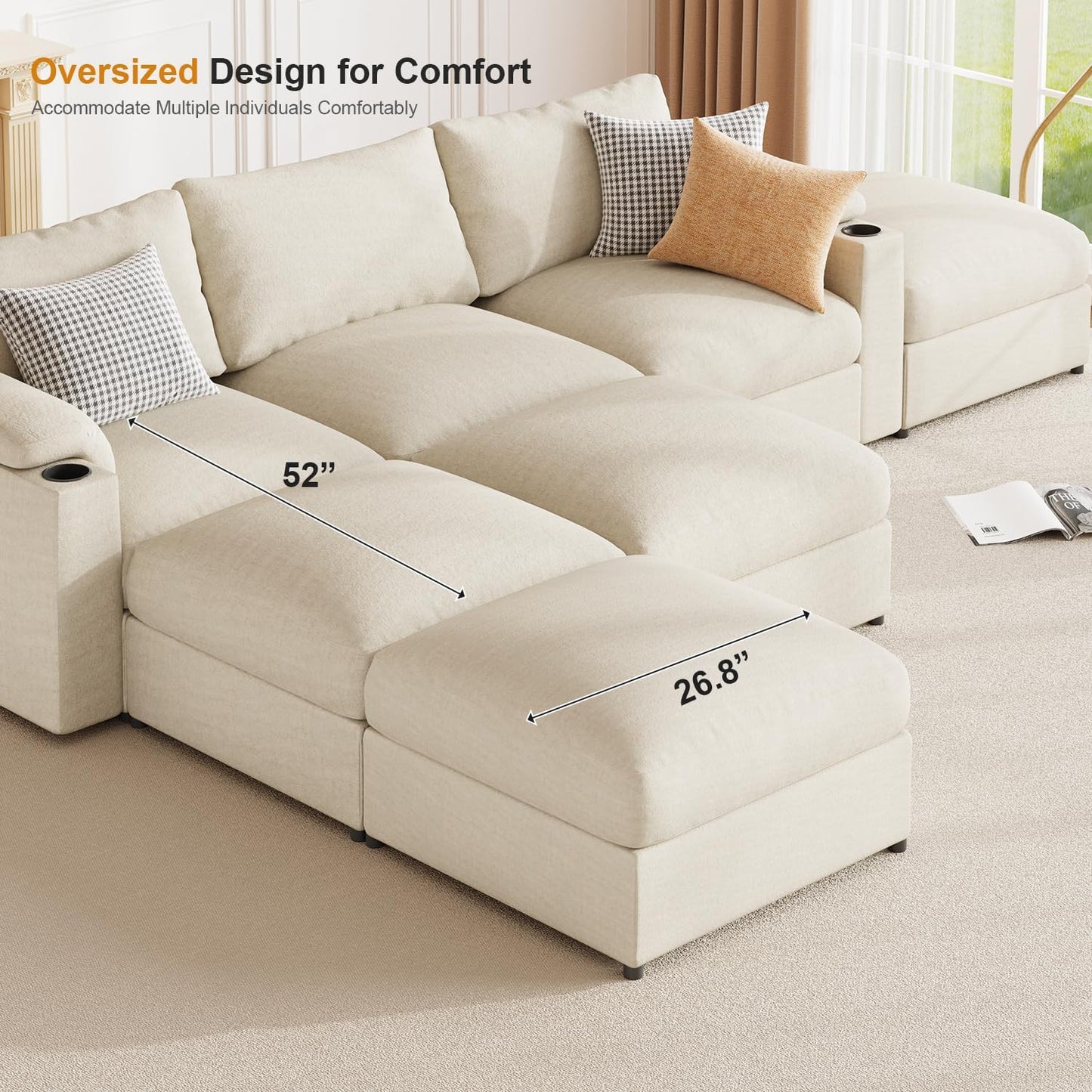 Velvet Couches Oversized U Shaped Convertible Sleeper Sofa Chaise Detachable Armrest Cushion Cup Holder (Chenille White, 8 Seats) - HOMYHOMEY DIRECT