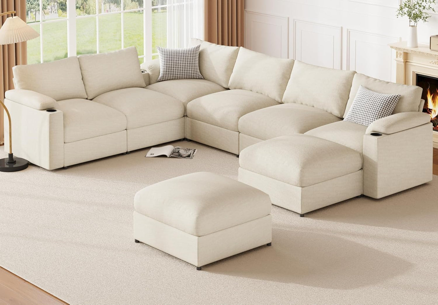 Velvet Couches Oversized U Shaped Convertible Sleeper Sofa Chaise Detachable Armrest Cushion Cup Holder (Chenille White, 8 Seats) - HOMYHOMEY DIRECT