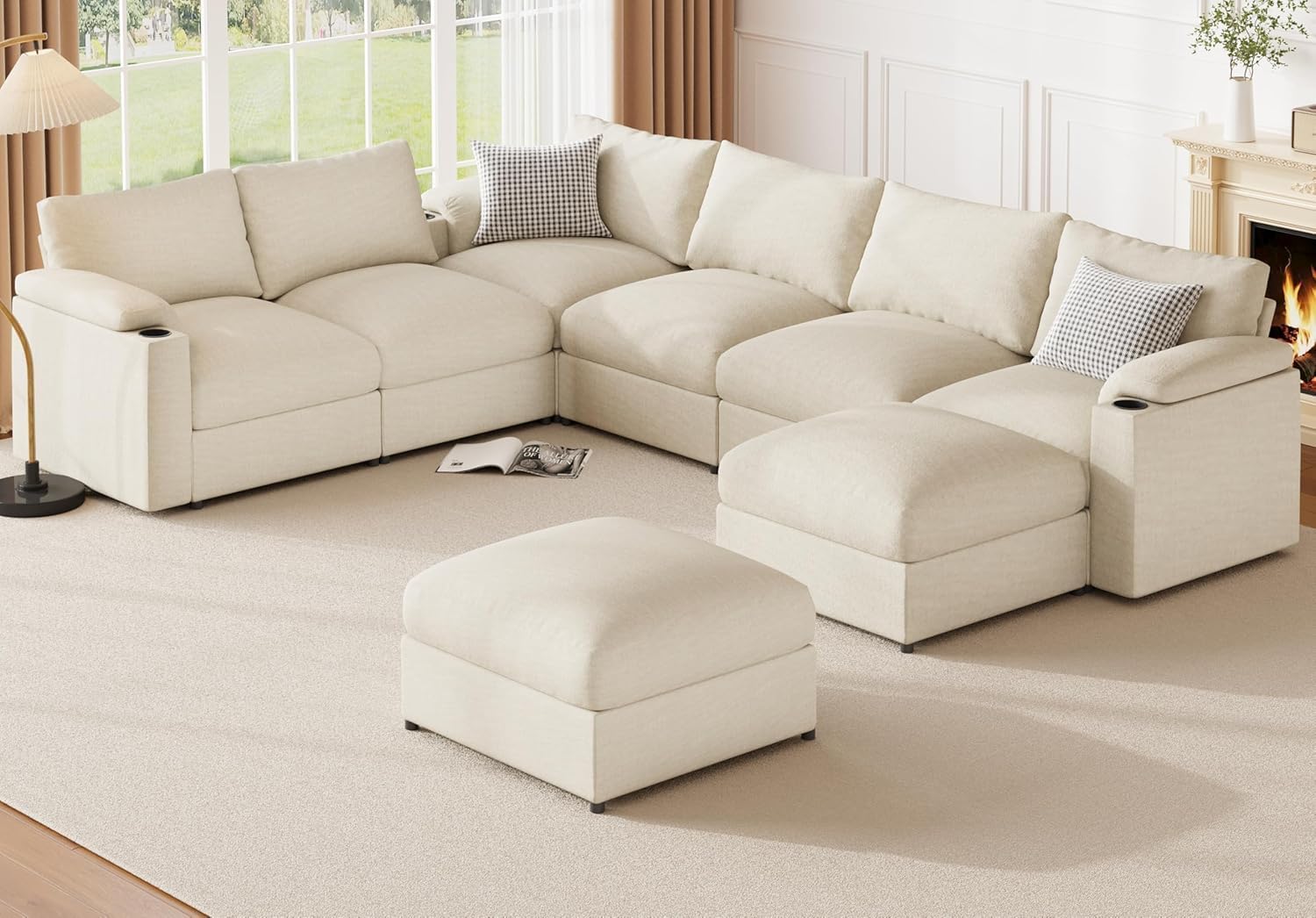 Velvet Couches Oversized U Shaped Convertible Sleeper Sofa Chaise Detachable Armrest Cushion Cup Holder (Chenille White, 8 Seats) - HOMYHOMEY DIRECT