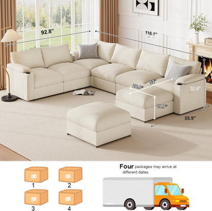 Velvet Couches Oversized U Shaped Convertible Sleeper Sofa Chaise Detachable Armrest Cushion Cup Holder (Chenille White, 8 Seats) - HOMYHOMEY DIRECT