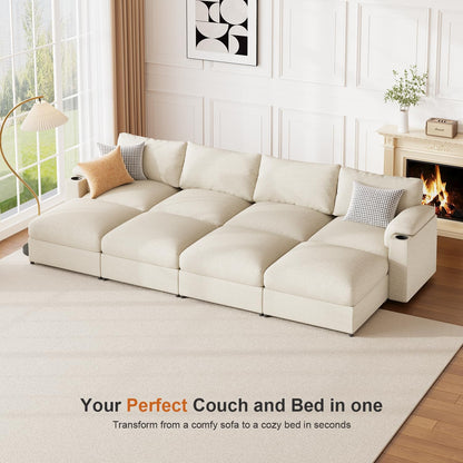 Velvet Couches Oversized U Shaped Convertible Sleeper Sofa Chaise Detachable Armrest Cushion Cup Holder (Chenille White, 8 Seats) - HOMYHOMEY DIRECT