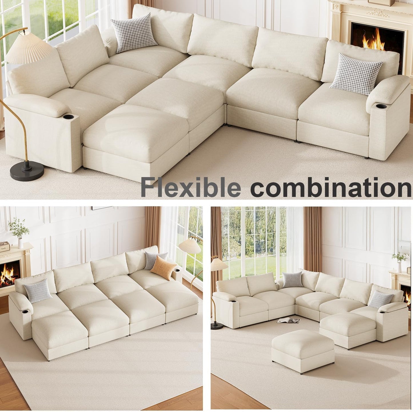 Velvet Couches Oversized U Shaped Convertible Sleeper Sofa Chaise Detachable Armrest Cushion Cup Holder (Chenille White, 8 Seats) - HOMYHOMEY DIRECT