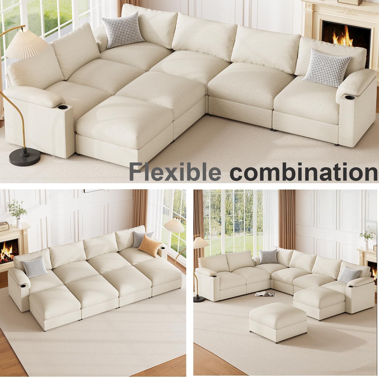Velvet Couches Oversized U Shaped Convertible Sleeper Sofa Chaise Detachable Armrest Cushion Cup Holder (Chenille White, 8 Seats) - HOMYHOMEY DIRECT